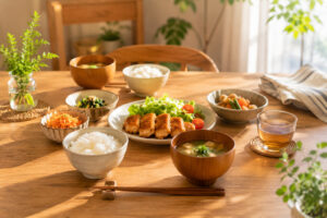 木のテーブルに並ぶシンプルな夕食と心地よい暮らしの風景