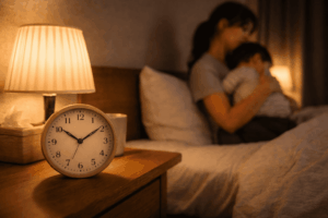 寝かしつけに時間がかかる原因を感じさせる夜の部屋と時計の様子