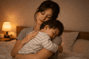 寝かしつけに時間がかかる悩みを抱えるママと眠る子どもの様子