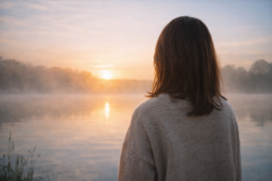 静かな湖と黄金色の夕暮れ