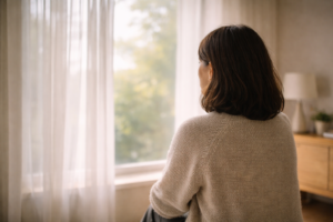 窓辺に座る女性の後ろ姿