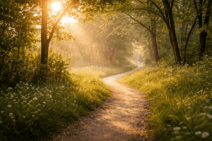 木漏れ日の中を続く小道を、自分のペースで人生を歩んでいくことを表現したイメージ