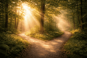 分かれ道に差し込む光の中で、自分の感覚を大切にしながら進む道を選び直す瞬間を表現したイメージ