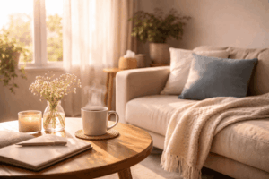 朝の柔らかな光が差し込む空間で、心が少しずつ安心に戻っていく様子を表現したイメージ