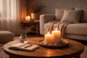 静かな空間に灯るキャンドルが、自分の内側に戻る安心と心の回復を象徴しているイメージ