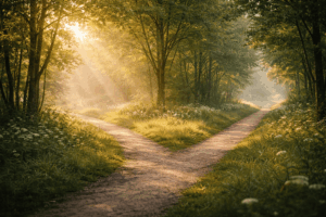 森の中で分かれる道｜自分を守るための境界線と選択を象徴するやわらかな風景