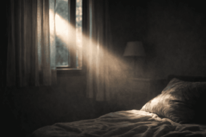 薄暗い部屋に差し込むやわらかな光｜罪悪感と向き合いながら安心へと変わっていくイメージ