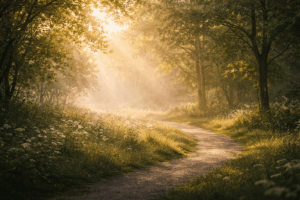 柔らかな光に包まれた自然の小道｜安心して自分に戻る感覚と心が整っていくイメージ
