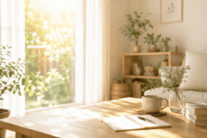 朝の光が差し込む静かな部屋と、心と暮らしが整う穏やかな時間をイメージした風景