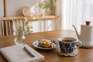 木のテーブルに北欧食器と温かいお茶が並ぶ、深呼吸したくなる静かな朝の風景