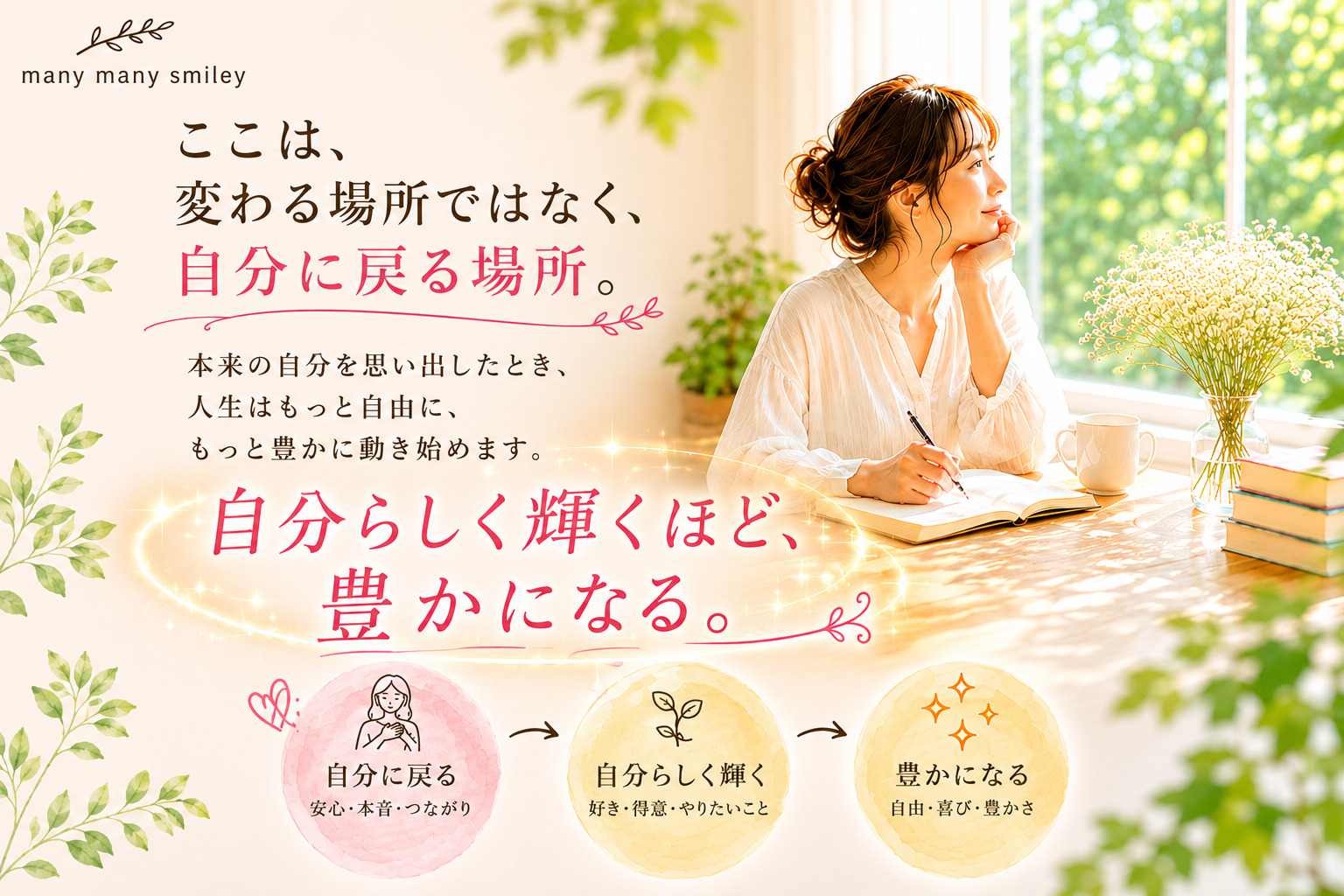 自分に戻ることで本来の自分を思い出し、自分らしく輝きながら豊かさを受け取る人生を表現した女性のファーストビュー画像