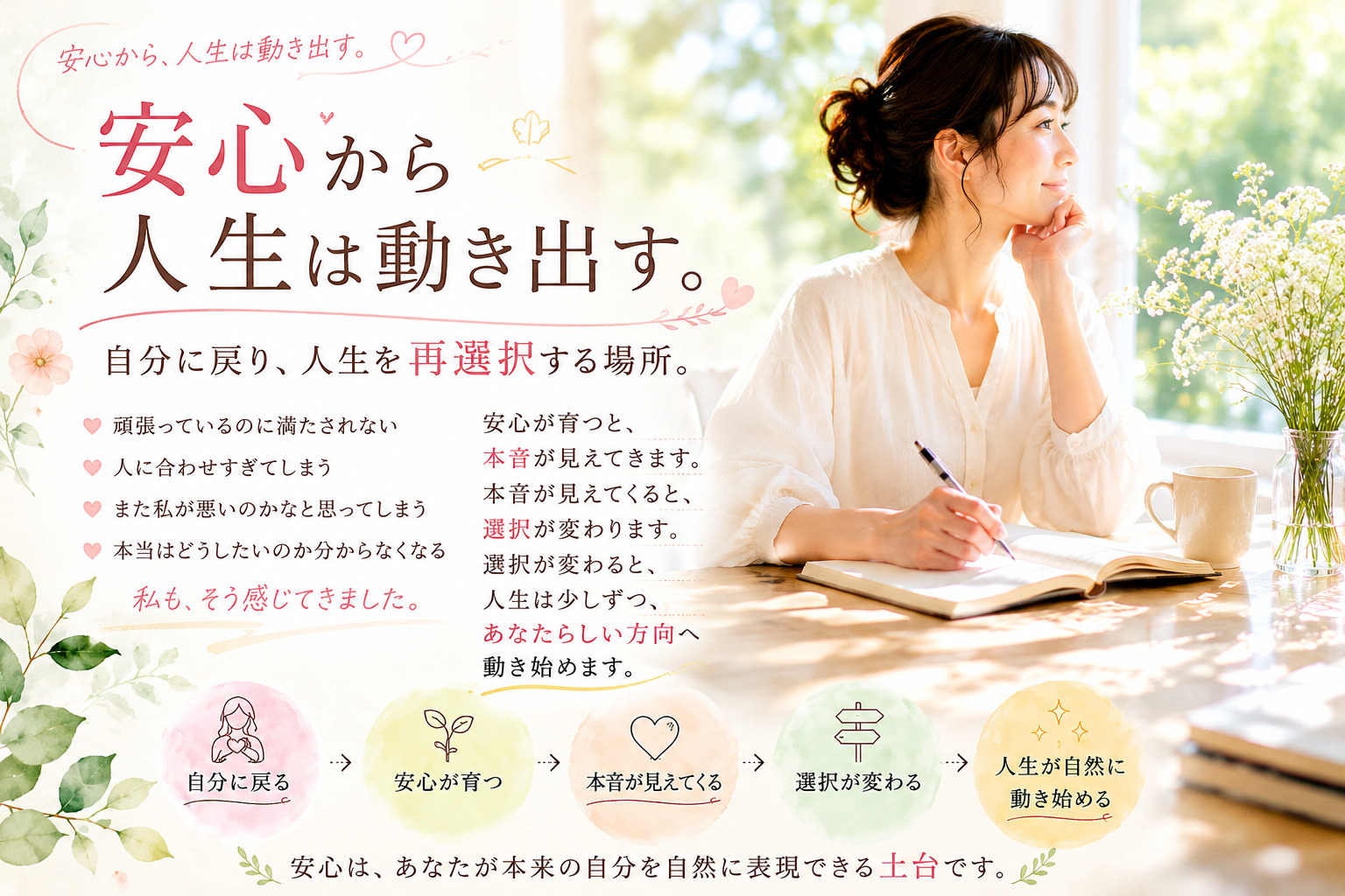 安心から人生は動き出す。自分に戻り、本音を見つけて人生を再選択するイメージ