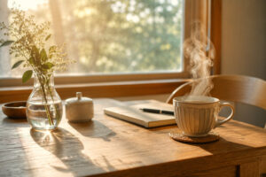 朝日が差し込む木のテーブルでお茶を飲みながらノートを開く穏やかな時間