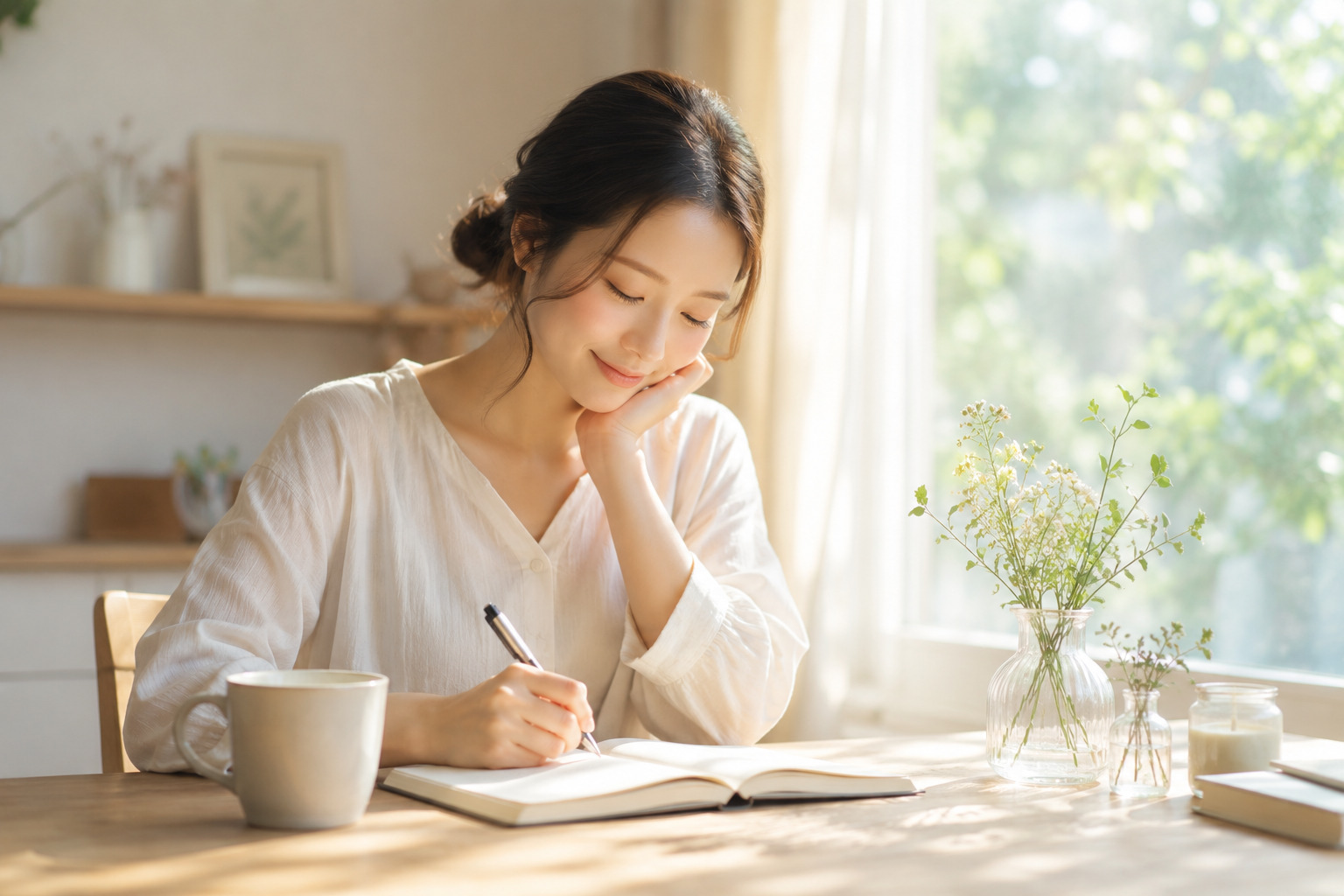 窓辺でノートを開き自分の気持ちを書き出す静かな時間