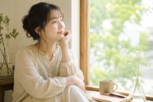 窓辺で穏やかな表情を浮かべながら、自分との関係を見つめ直し安心を育てる女性のイメージ