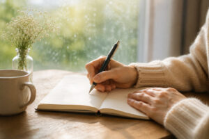 安心した表情でノートを書きながら自分と向き合う女性