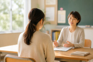 先生と個人懇談で話を聞く母親の後ろ姿