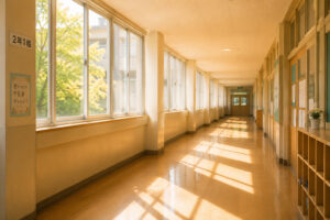 学校の廊下に差し込むやわらかな午後の日差し