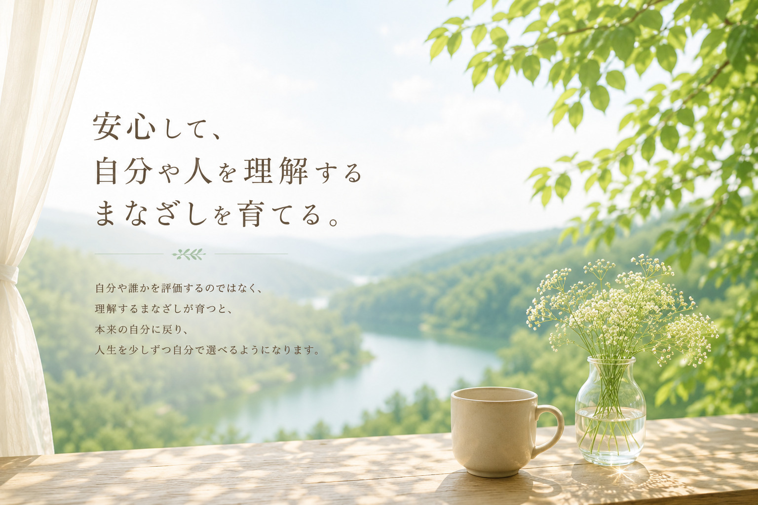 安心して自分や人を理解するまなざしを育て、本来の自分に戻り、自分らしい人生を選べるようになることを表現した自然風景のファーストビュー画像