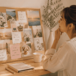 ビジョンボードを見つめながら未来をイメージする女性