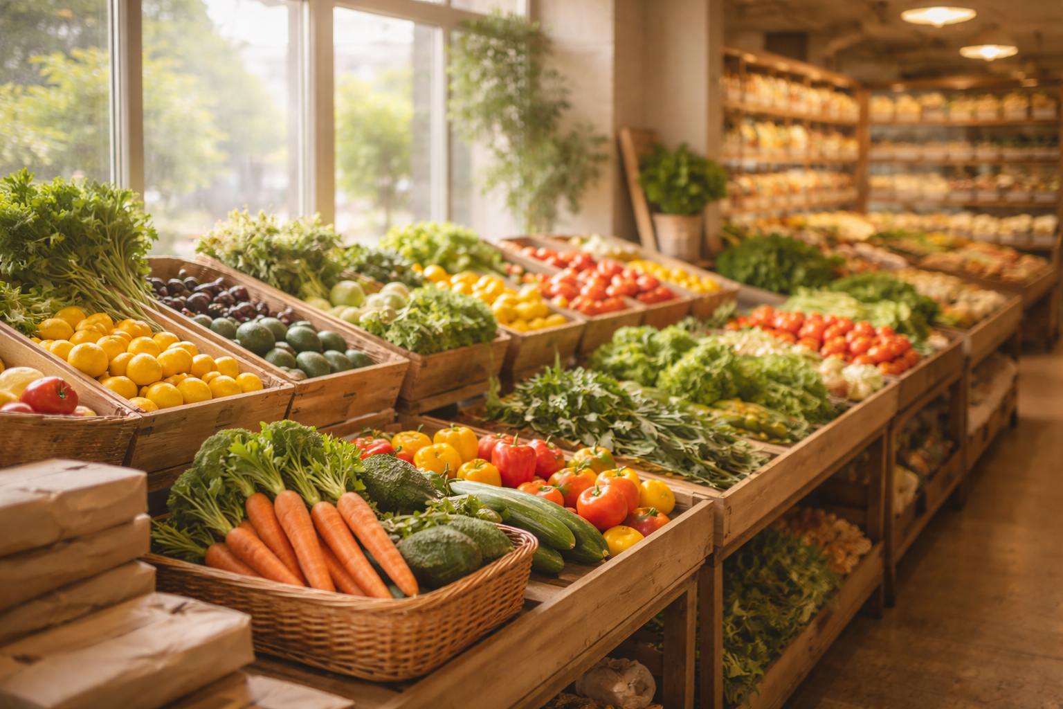 新鮮な野菜と果物の陳列
