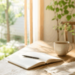 朝の自然光が差し込む木のテーブルでノートを書きながら静かに自分と向き合う空間