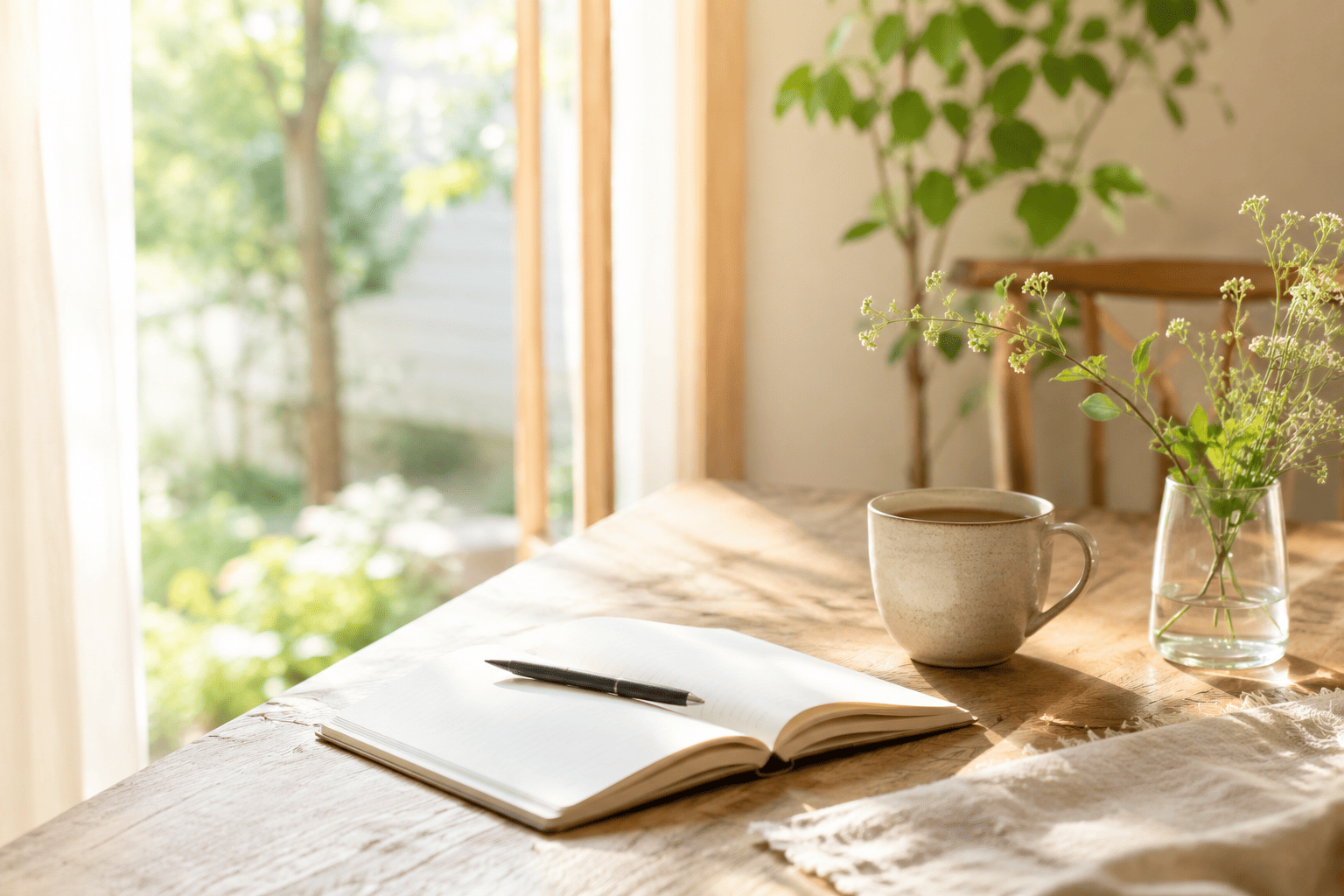 朝の自然光が差し込む木のテーブルでノートを書きながら静かに自分と向き合う空間