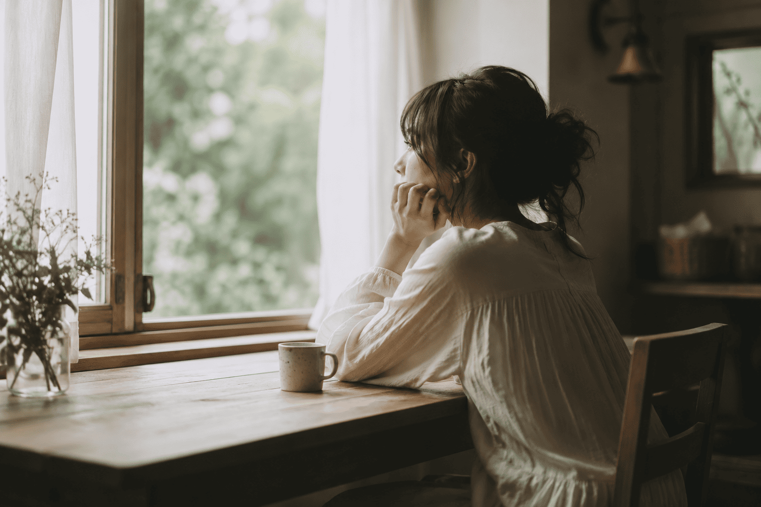 窓辺で自分の気持ちと向き合いながら静かに考える女性