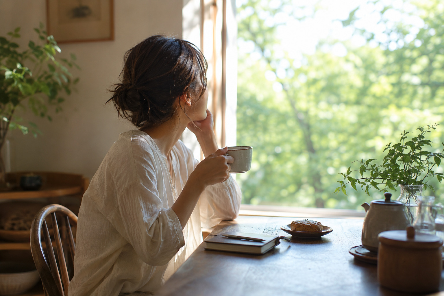 人に合わせて疲れていた女性が朝の光の中で自分の人生を見つめ直している様子