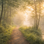 霧に包まれた朝の森