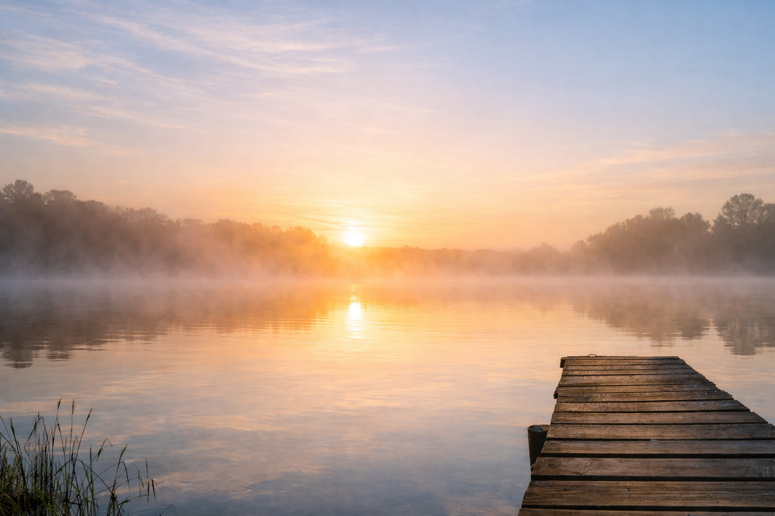 日の出と静かな湖水