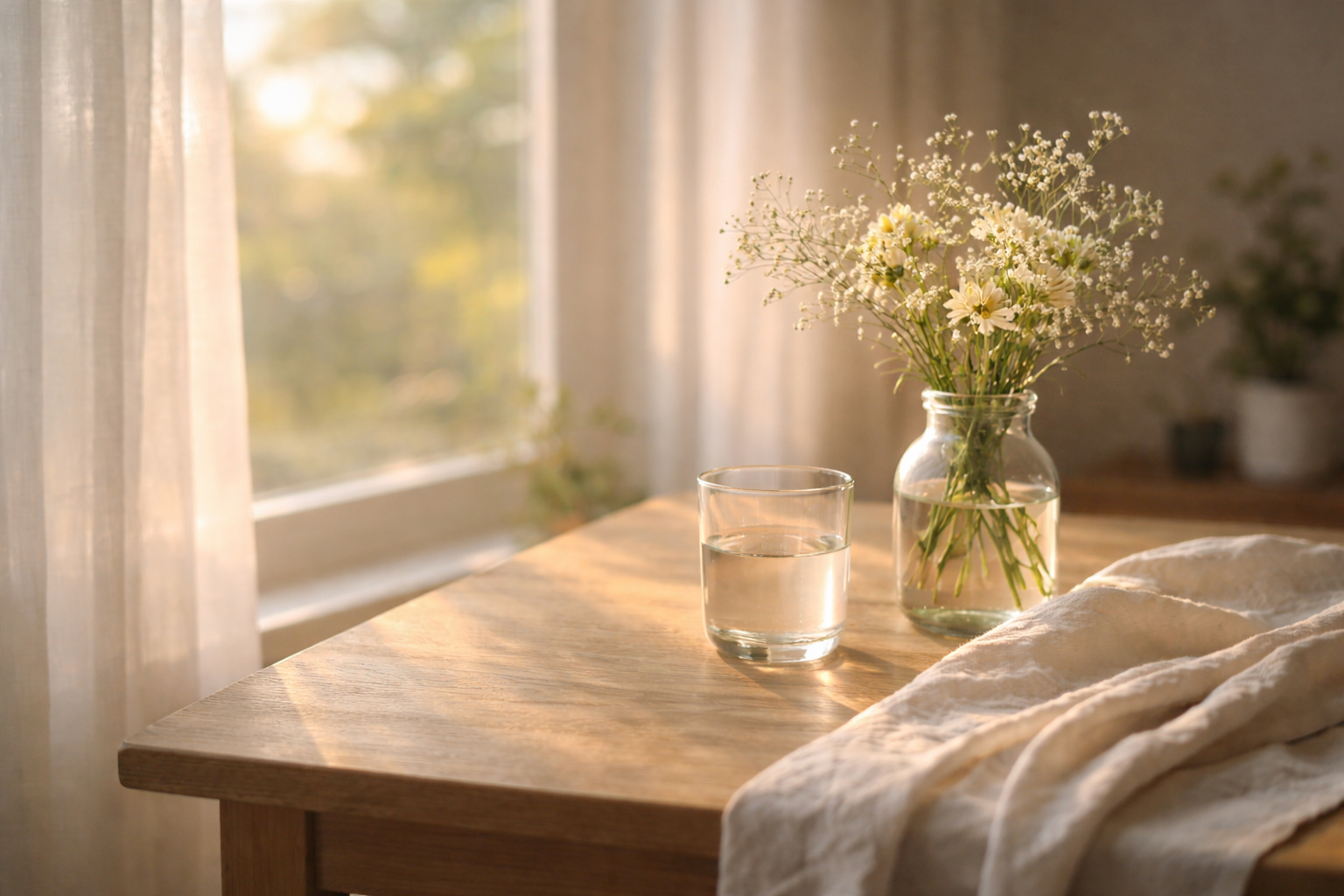 穏やかな朝の光と花