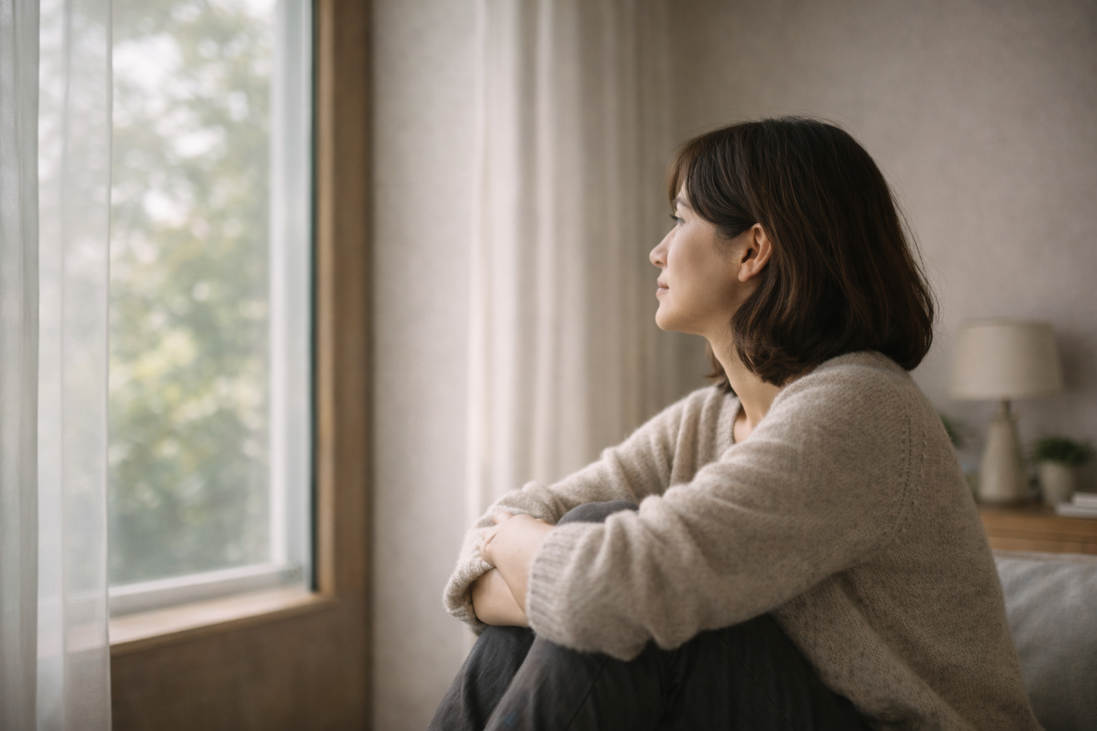 窓辺で考える女性