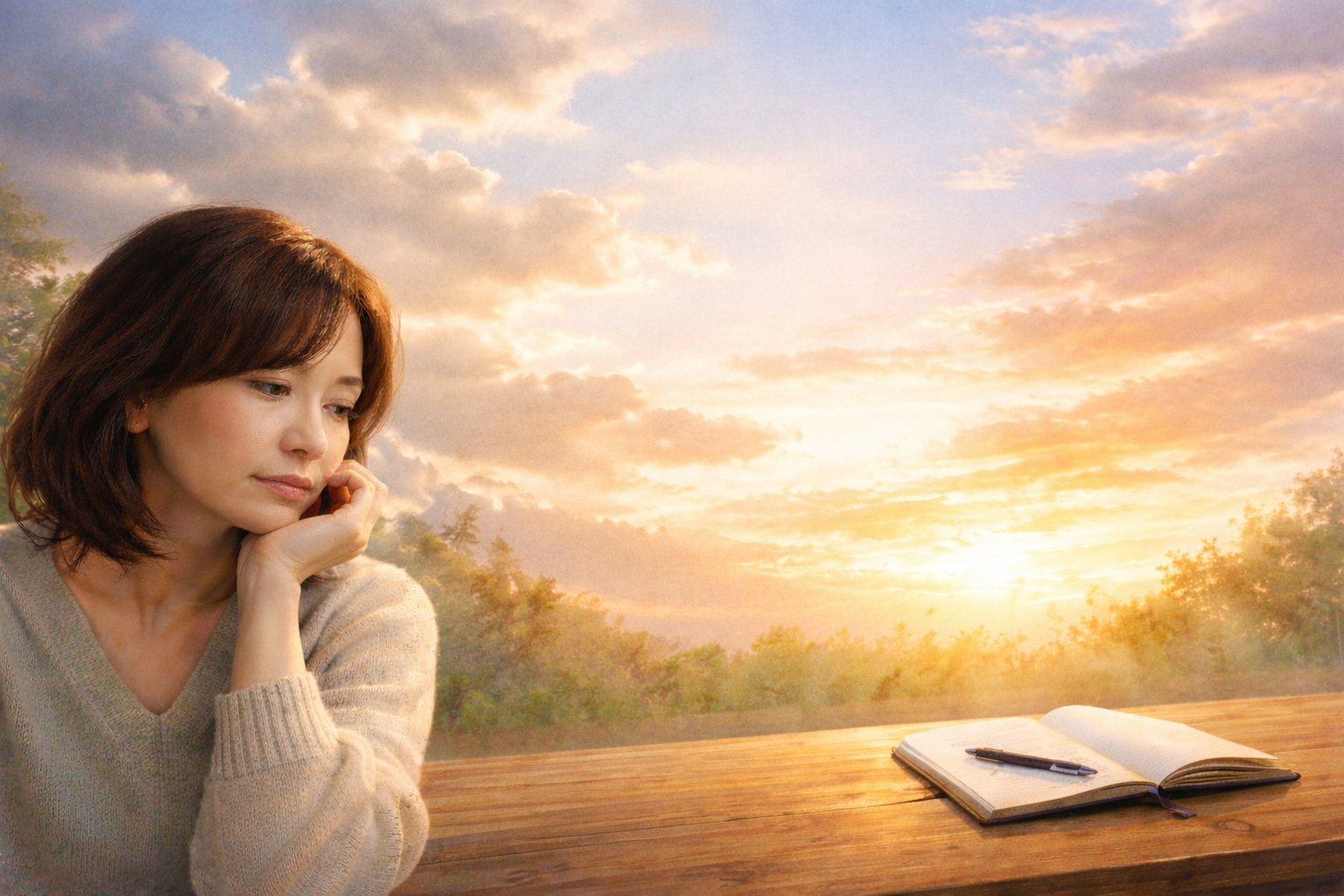 夕日の中で考え込む女性