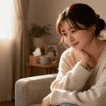 静かな部屋で一人考え込み、怒りの奥にある本当の気持ちに気づく女性の様子