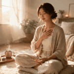 静かな部屋で自分の感覚に意識を向けながら、心を取り戻していく穏やかな時間を過ごす女性のイメージ