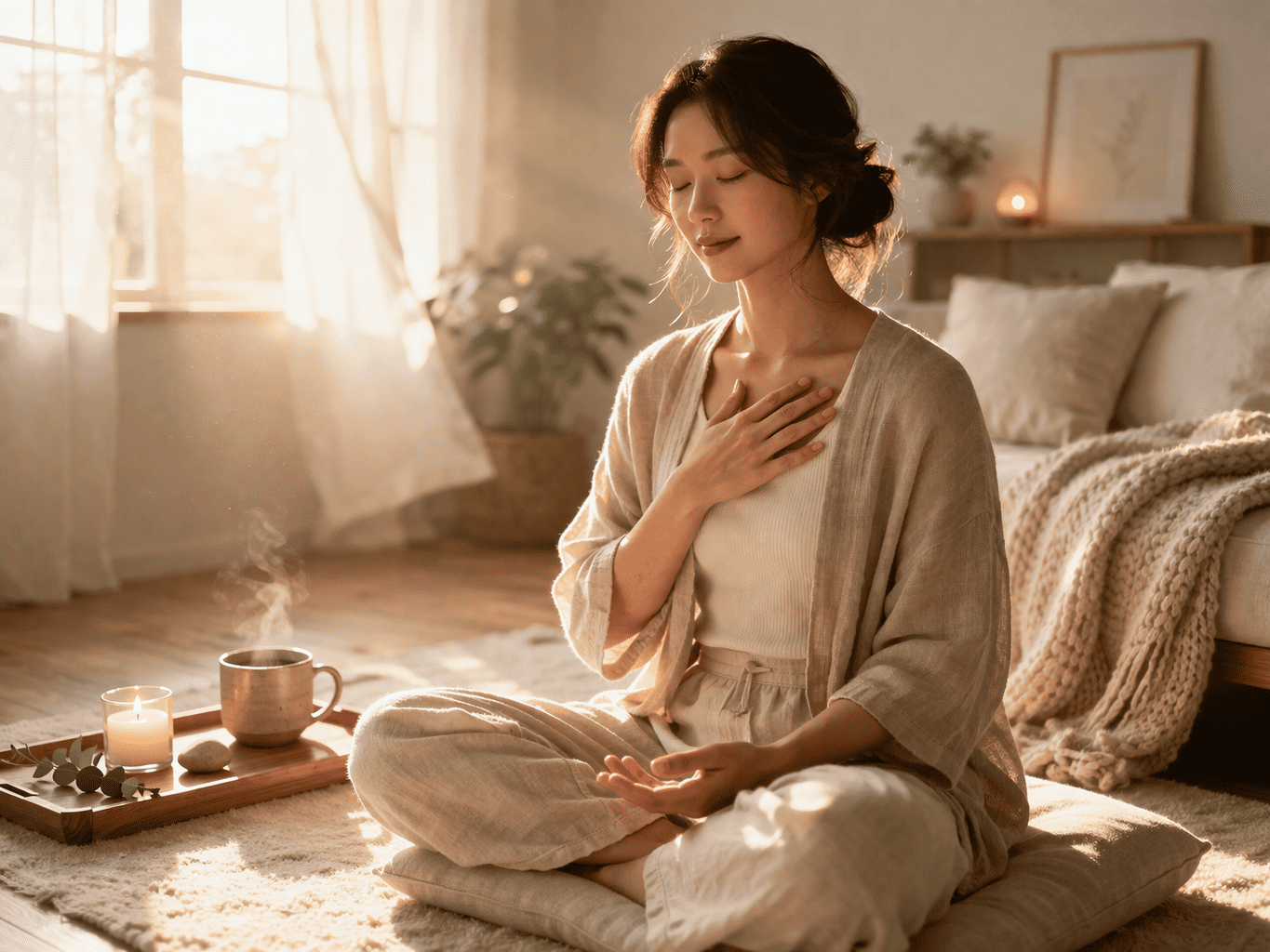 静かな部屋で自分の感覚に意識を向けながら、心を取り戻していく穏やかな時間を過ごす女性のイメージ