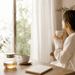 朝の光が差し込む部屋で、お茶を飲みながら深呼吸する女性と、安心感のあるナチュラルな暮らしの風景