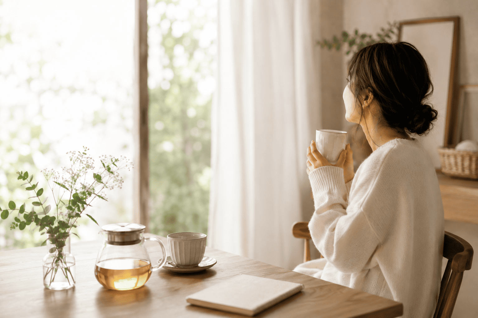 朝の光が差し込む部屋で、お茶を飲みながら深呼吸する女性と、安心感のあるナチュラルな暮らしの風景