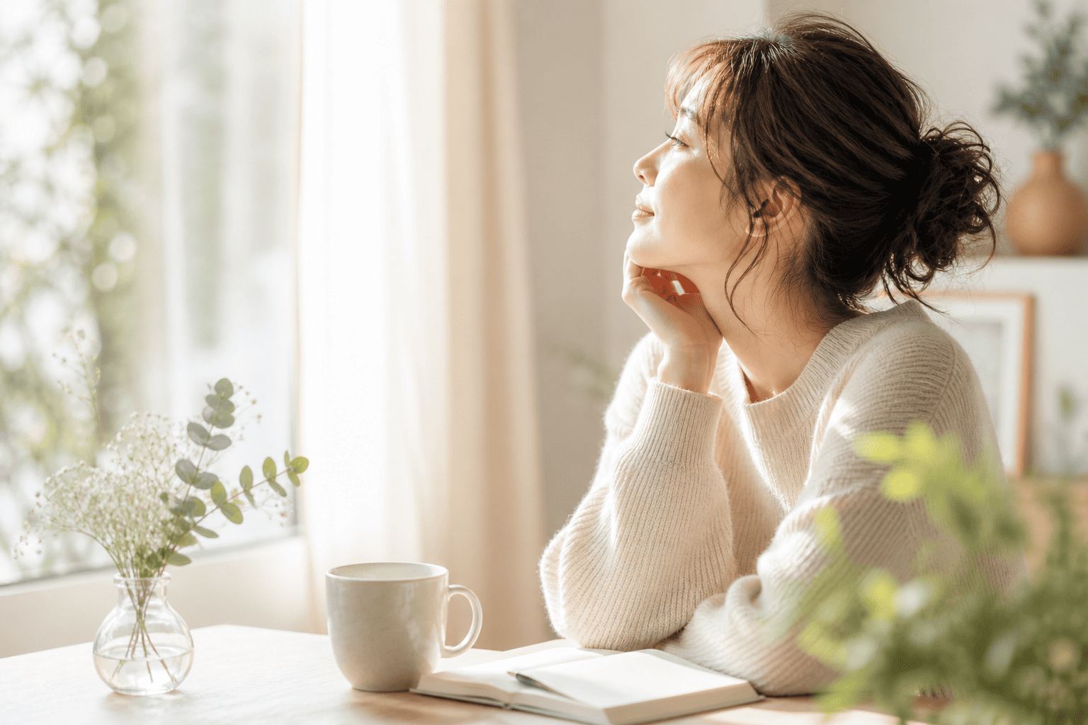 自分の気持ちと向き合いながら窓辺で静かに過ごす女性のイメージ