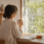 朝の光が差し込む部屋で、お茶を飲みながら静かに自分と向き合う女性