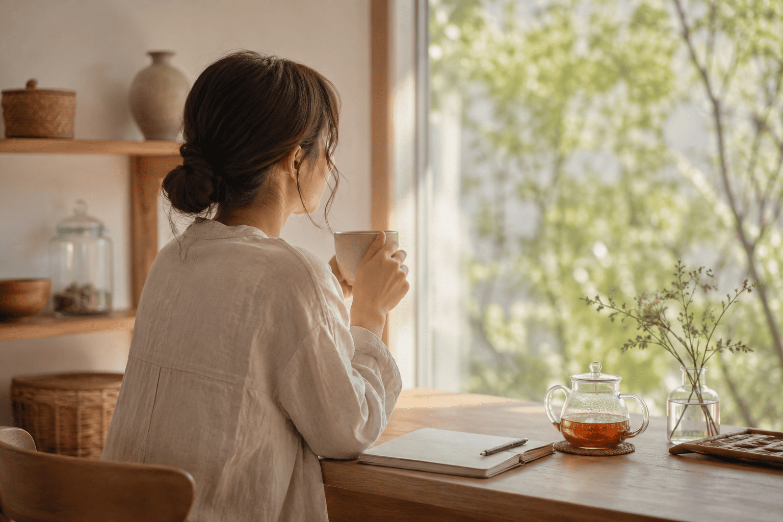 朝の光が差し込む部屋で、お茶を飲みながら静かに自分と向き合う女性