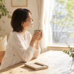 北海道の自然光が差し込む部屋でお茶を飲みながら自分と向き合う女性
