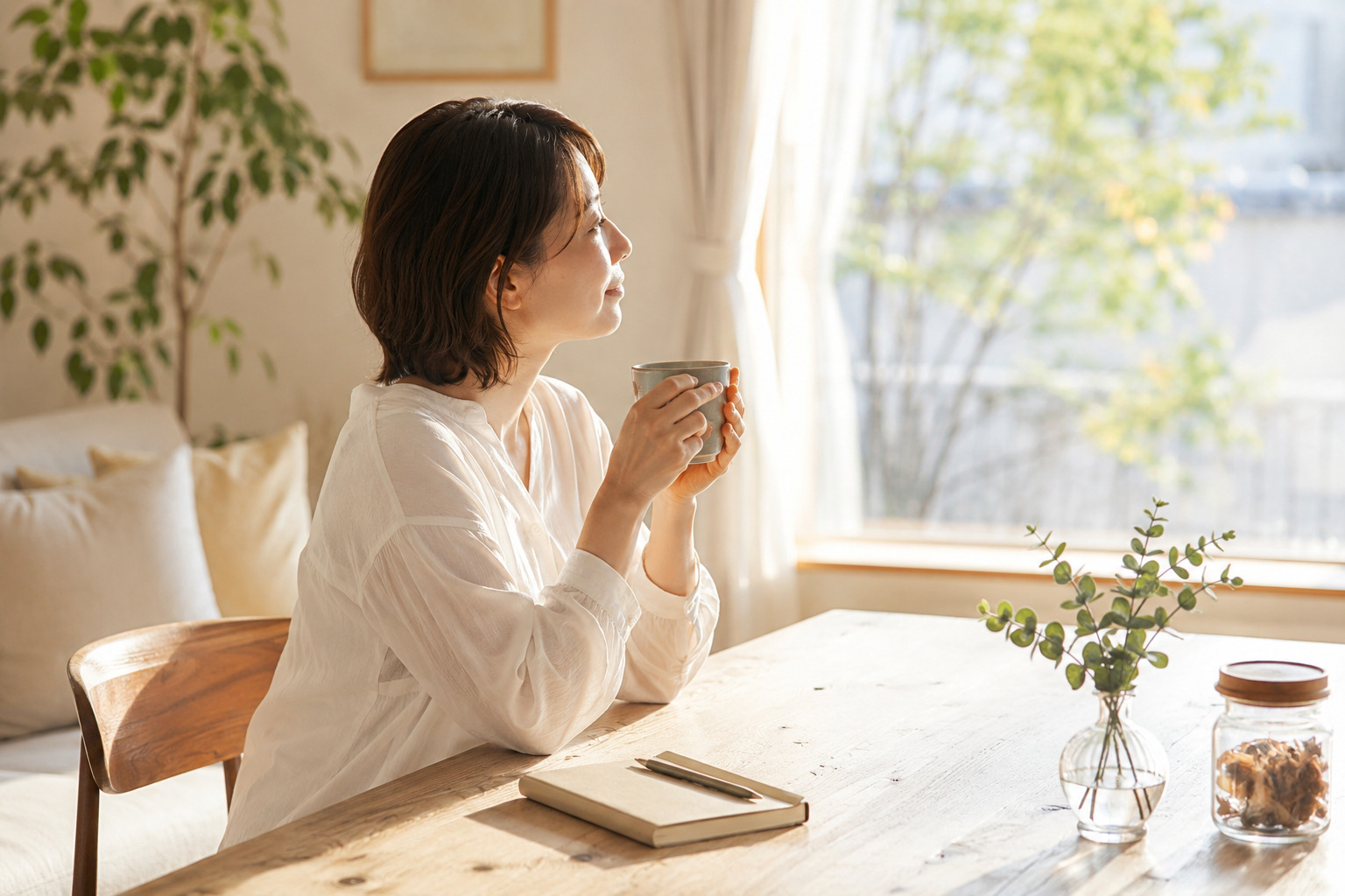 北海道の自然光が差し込む部屋でお茶を飲みながら自分と向き合う女性