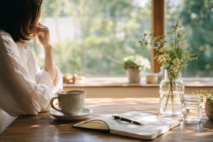 自分らしい生き方を考えながらノートを開く女性