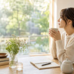 朝の光の中でお茶を飲みながら、自分に戻る時間を過ごす40代女性