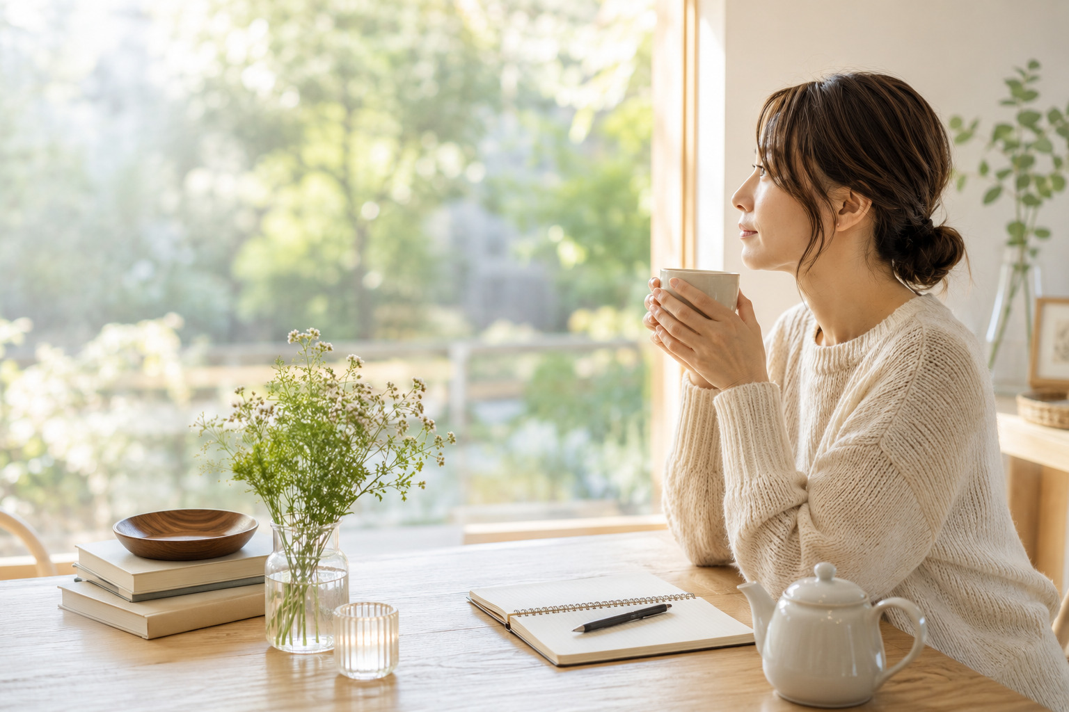 朝の光の中でお茶を飲みながら、自分に戻る時間を過ごす40代女性
