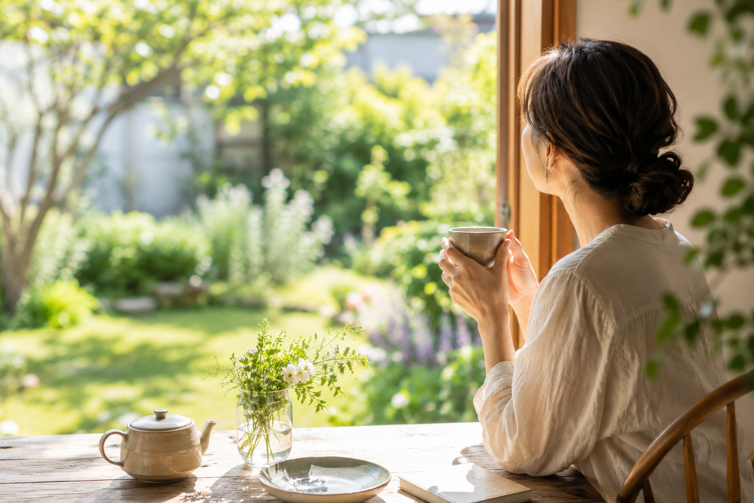 人に気を遣いすぎる毎日から離れ、自分に戻る時間を過ごす女性
