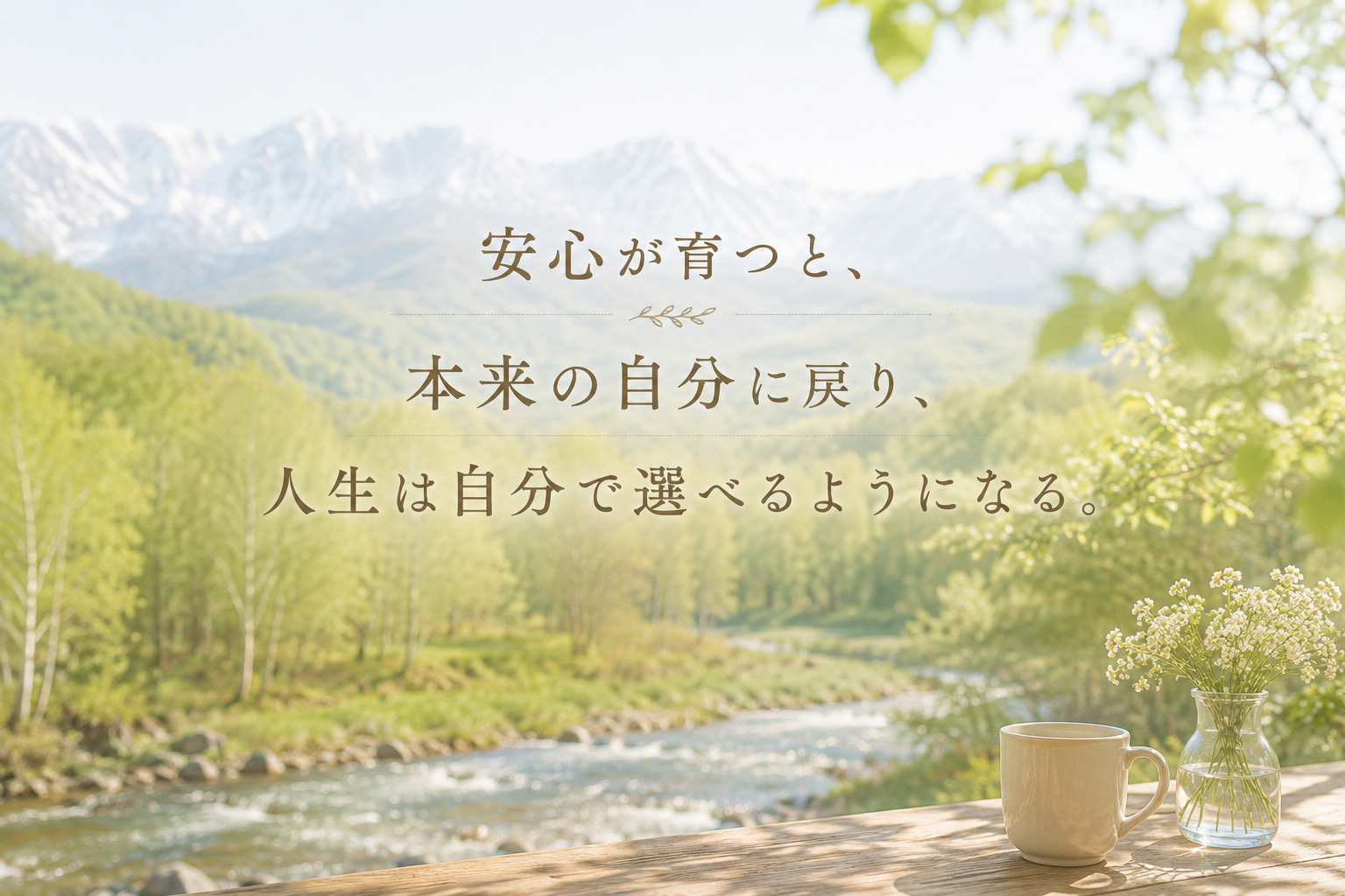 安心が育つと、本来の自分に戻り、人生を自分で選べるようになることを表現した北海道の自然と穏やかな暮らしのイメージ