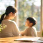 穏やかな光の中で向き合う親子。安心して自分に戻れる関係をイメージした写真